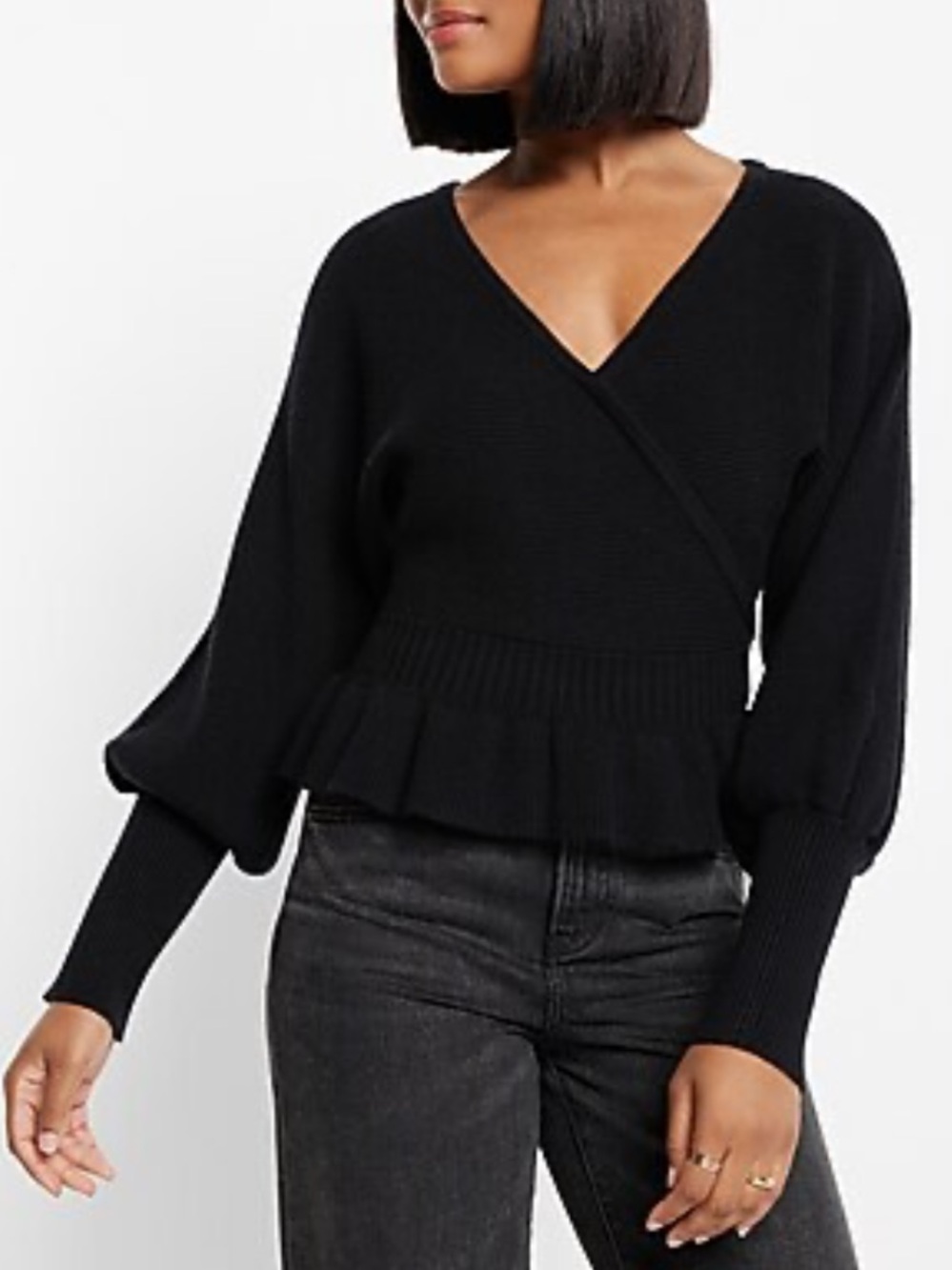 NWT Express Ribbed V-Neck Wrap Peplum Sweater Black Size Medium